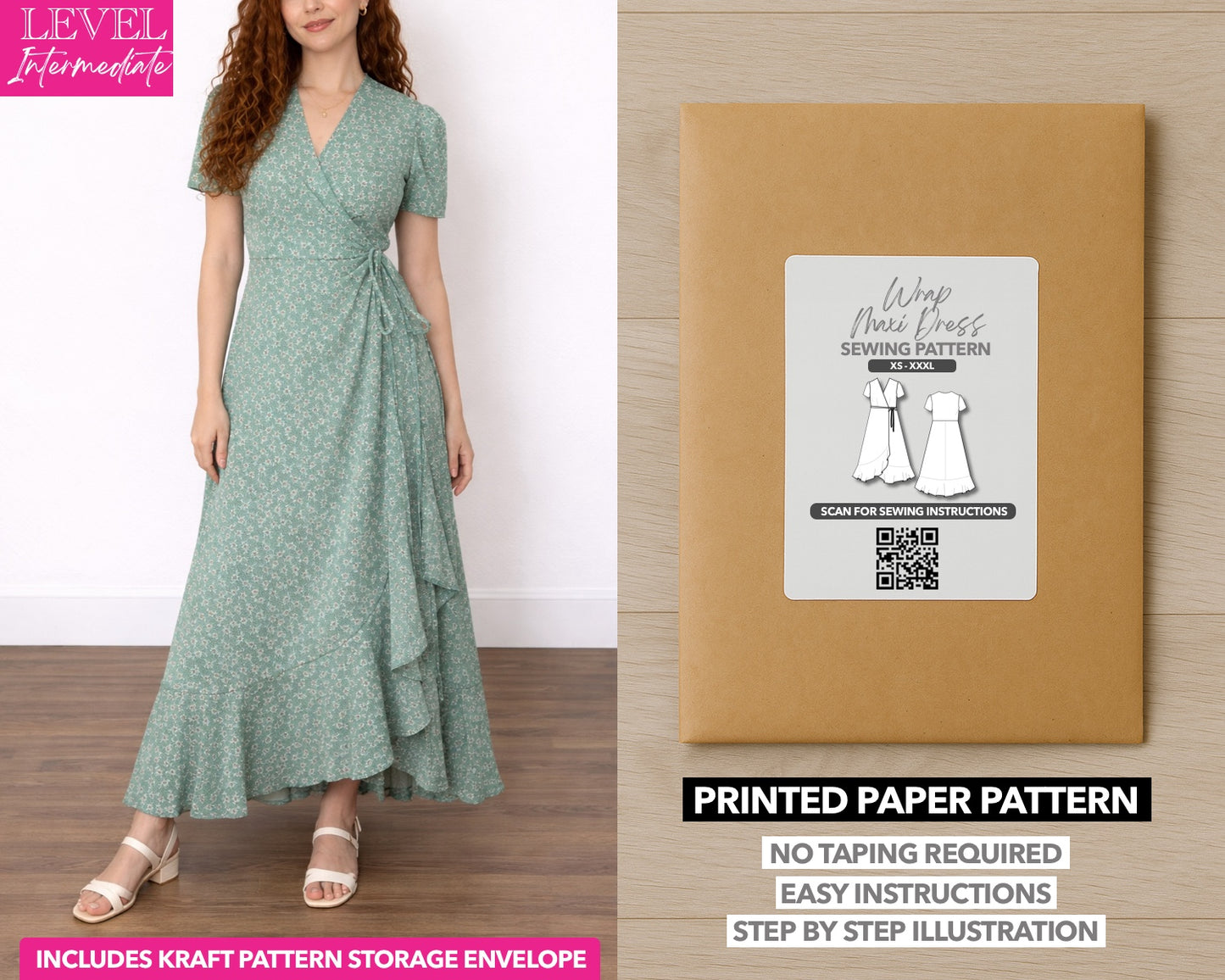 Maxi Wrap Dress printed sewing pattern with easy instructions and step by step illustrations.