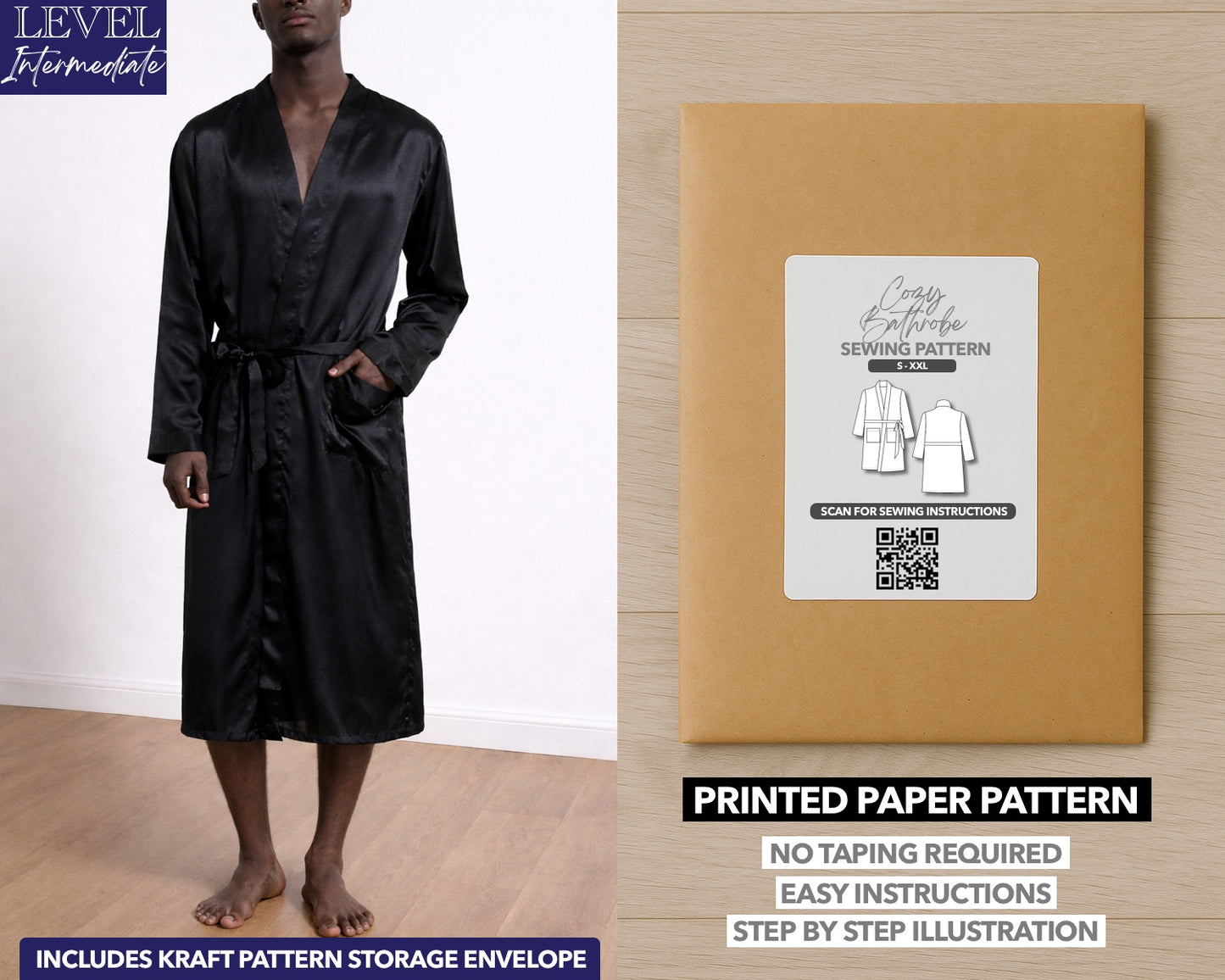 Mens Bathrobe printed sewing pattern with easy instructions and step by step illustrations.