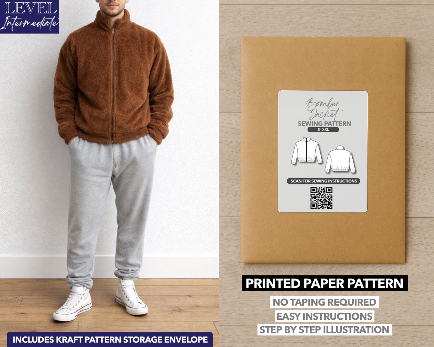 Mens Bomber Jacket printed sewing pattern with easy instructions and step by step illustrations.