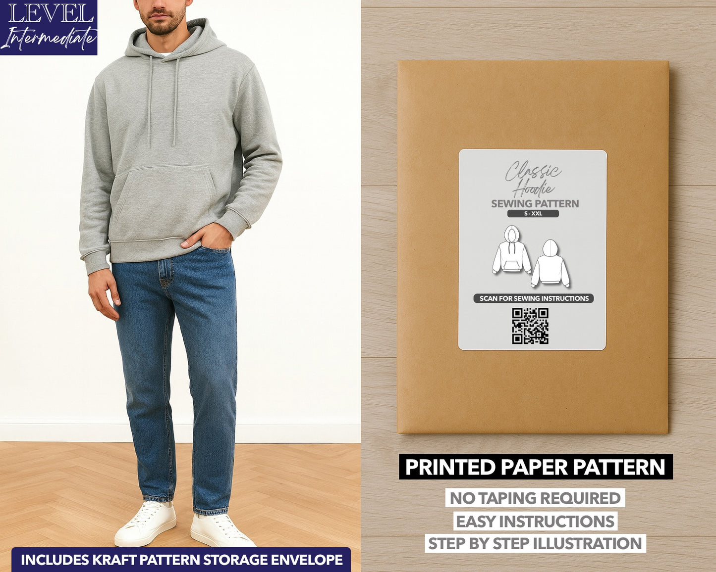 Mens Classic Hoodie printed sewing pattern with easy instructions and step by step illustrations.