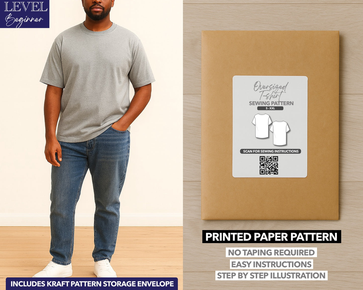 Mens Oversized T-Shirt printed sewing pattern with easy instructions and step by step illustrations.