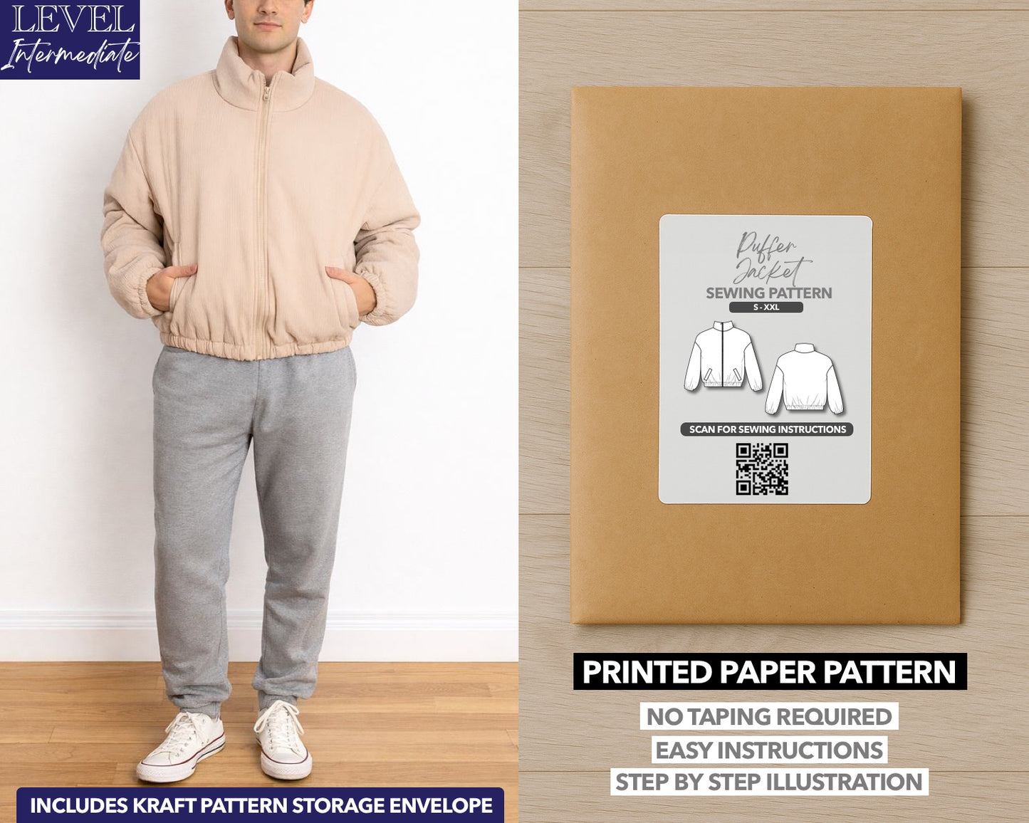 Mens Puffer Jacket printed sewing pattern with easy instructions and step by step illustrations.