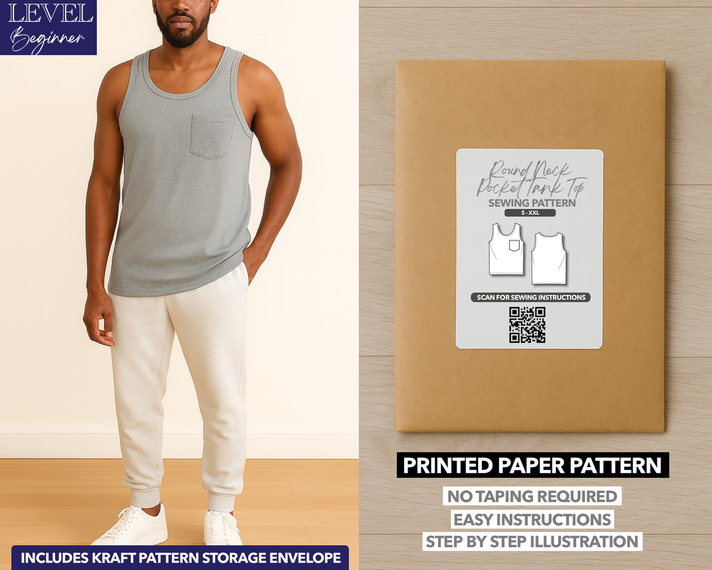 Mens Round Neck Pocket Tank Top printed sewing pattern with easy instructions and step by step illustrations.