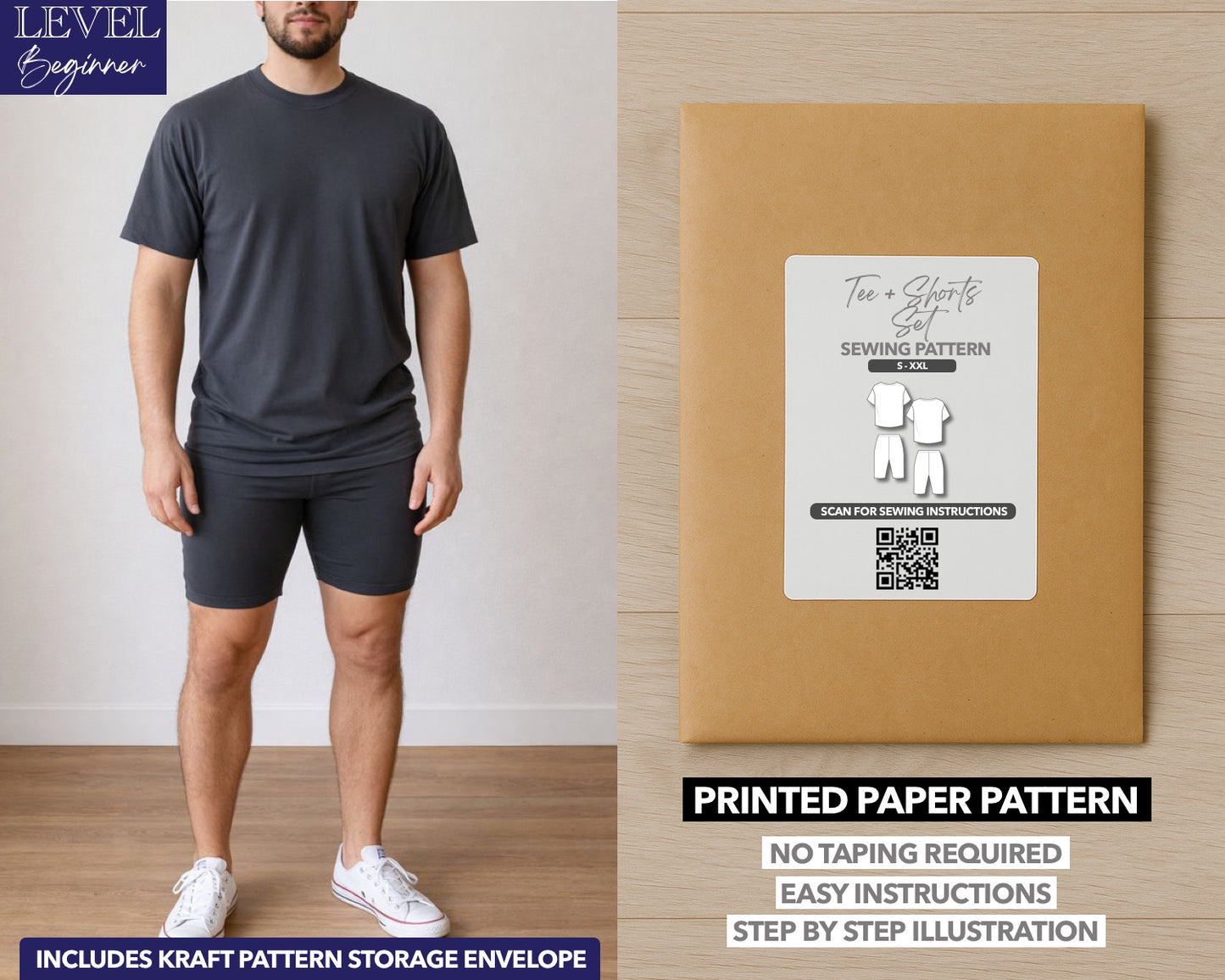 Mens Tee and Biker Shorts Set printed sewing pattern with easy instructions and step by step illustrations.