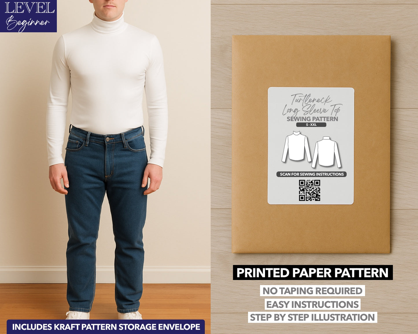 Mens Turtleneck Long Sleeve Top printed sewing pattern with easy instructions and step by step illustrations.