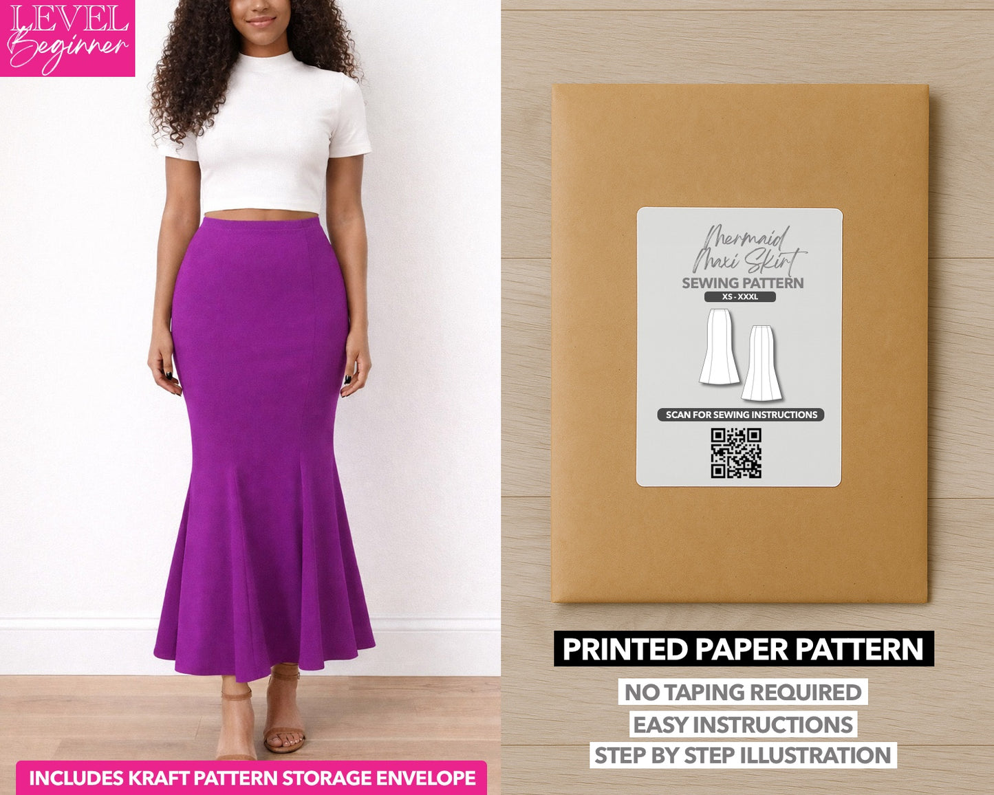 Mermaid Skirt printed sewing pattern with easy instructions and step by step illustrations.