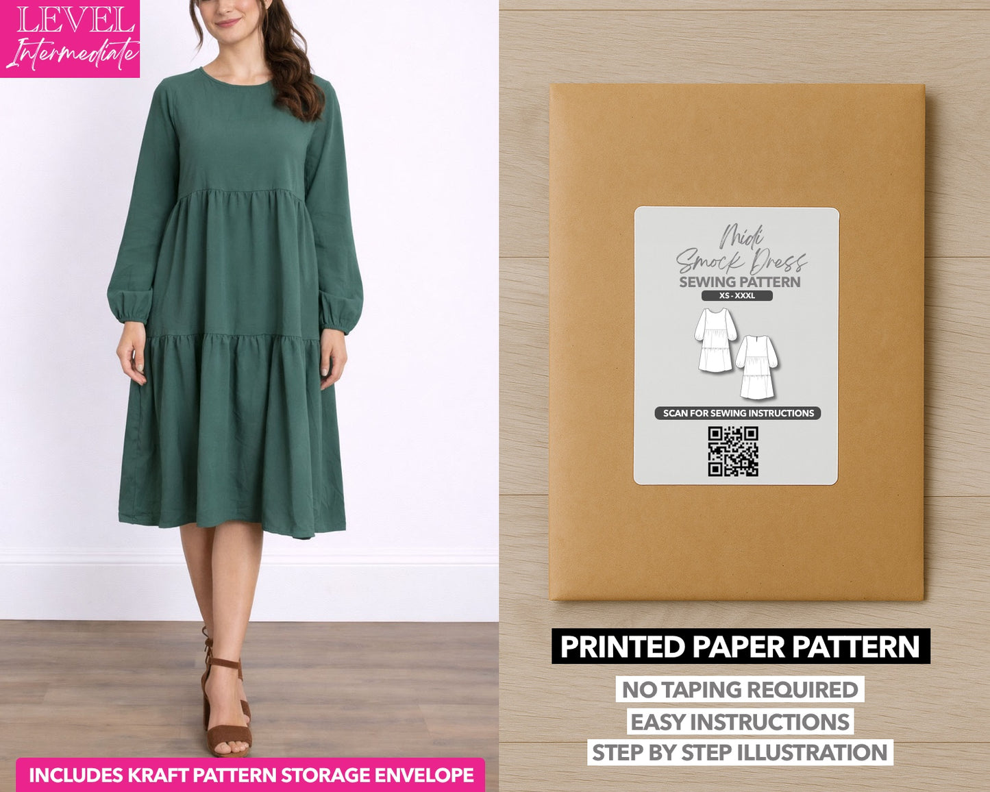 Midi Smock Dress printed sewing pattern with easy instructions and step by step illustrations.