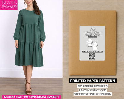 Midi Smock Dress printed sewing pattern with easy instructions and step by step illustrations.