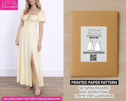 Off Shoulder Milkmaid Maxi Dress printed sewing pattern with easy instructions and step by step illustrations.