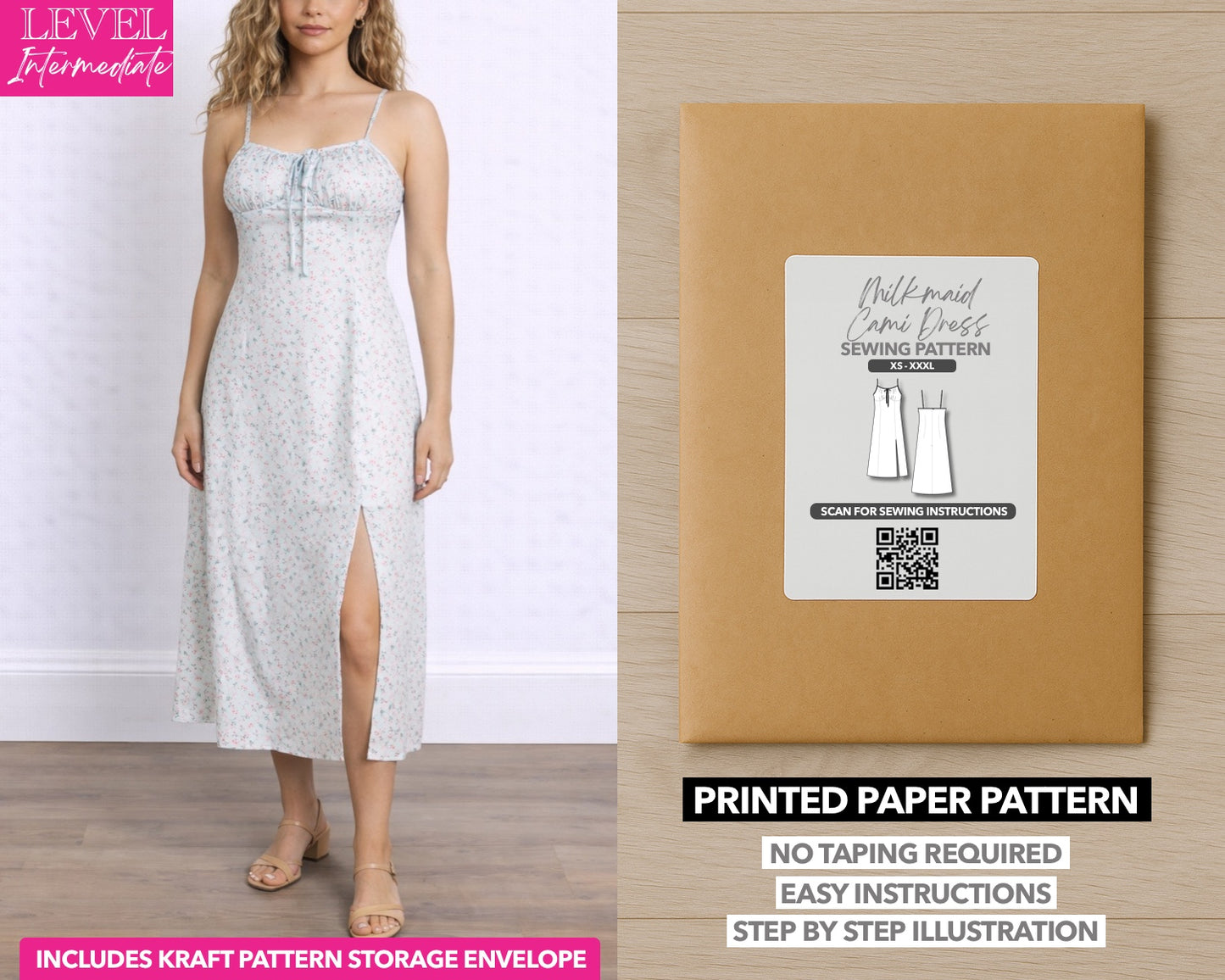 Milkmaid Midi Cami Dress printed sewing pattern with easy instructions and step by step illustrations.