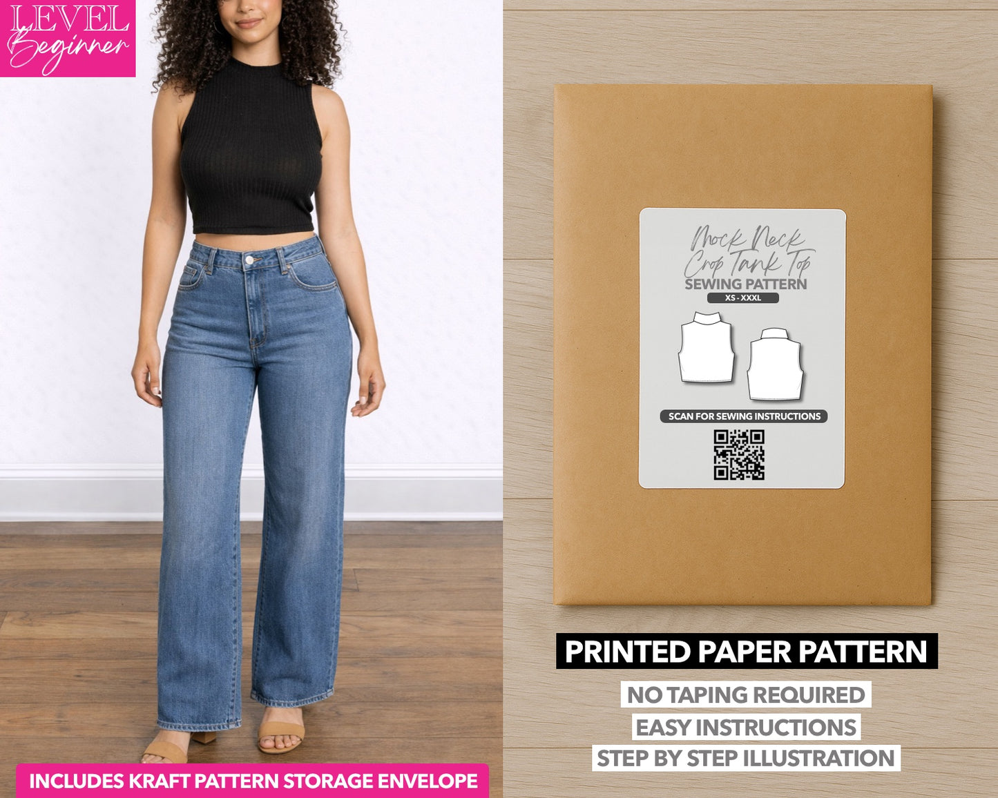Mock Neck Crop Tank Top printed sewing pattern with easy instructions and step by step illustrations.