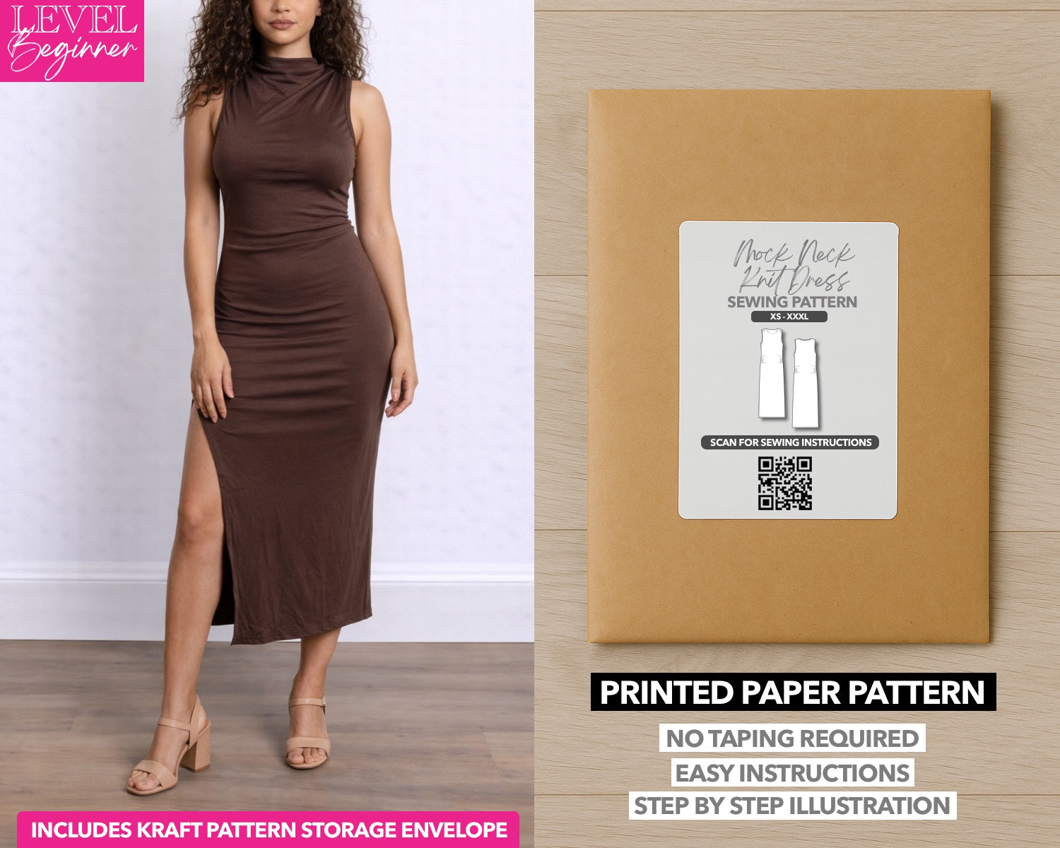 Mock Neck Knit Dress printed sewing pattern with easy instructions and step by step illustrations.