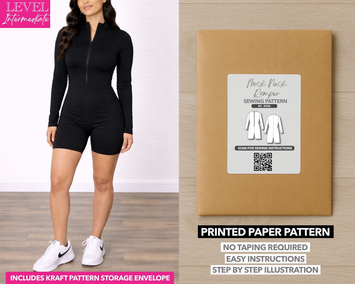 Mock Neck Unitard Romper printed sewing pattern with easy instructions and step by step illustrations.