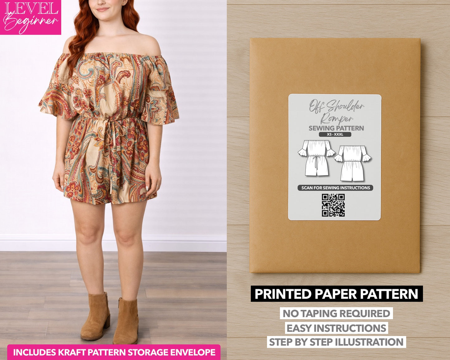Off Shoulder Bell Sleeve Romper printed sewing pattern with easy instructions and step by step illustrations.
