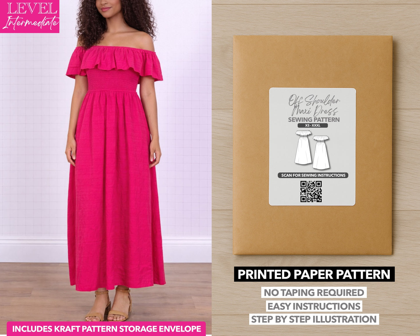 Off Shoulder Maxi Dress printed sewing pattern with easy instructions and step by step illustrations.
