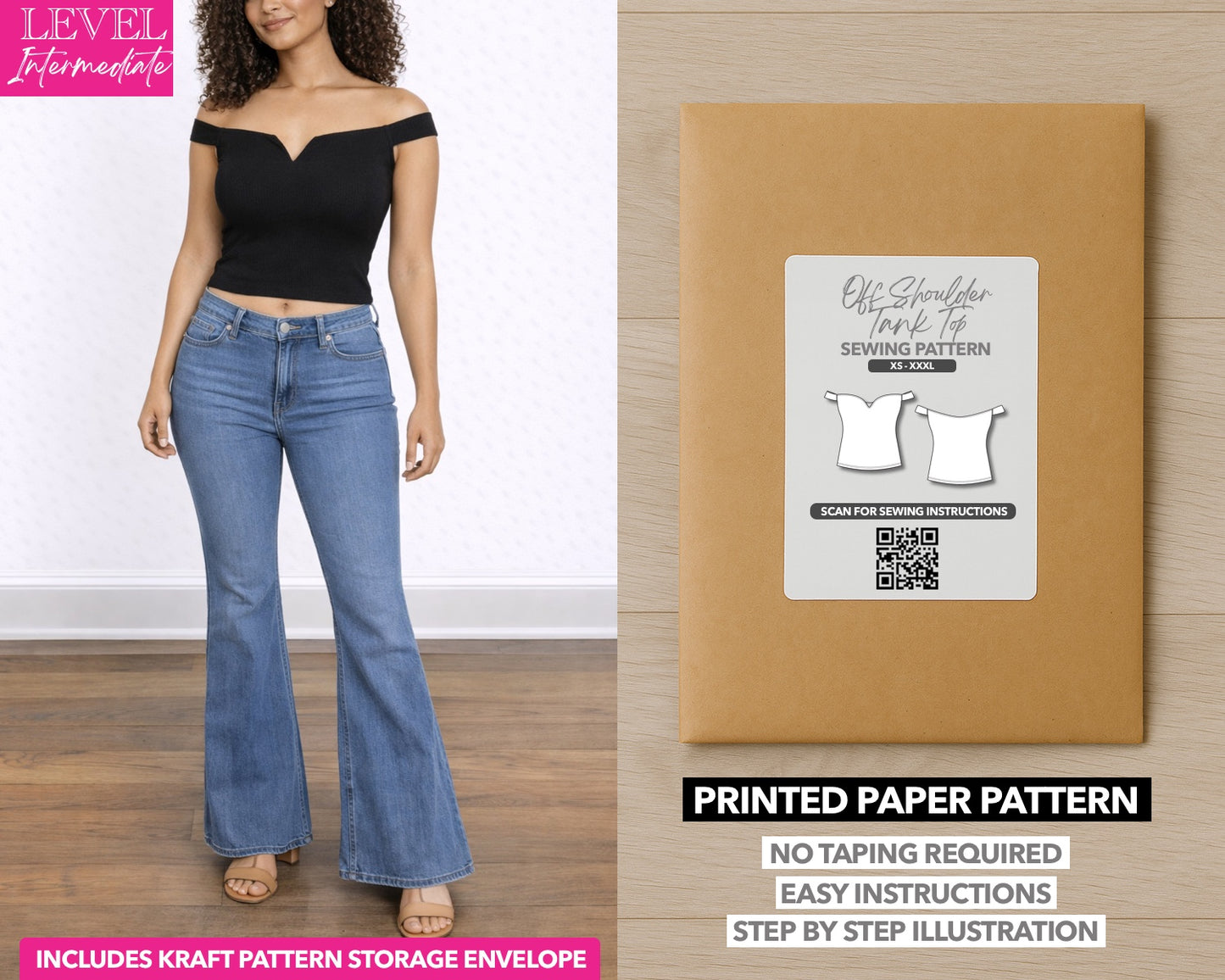 Off Shoulder Tank Top printed sewing pattern with easy instructions and step by step illustrations.