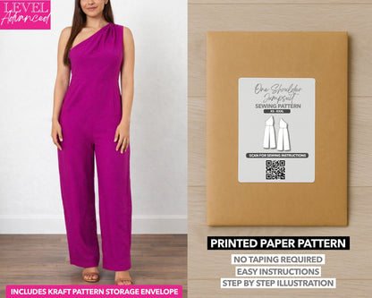 One Shoulder Jumpsuit printed sewing pattern with easy instructions and step by step illustrations.
