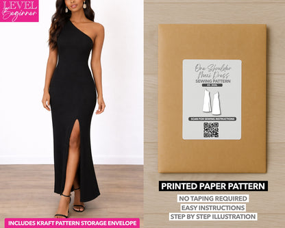 One Shoulder Maxi Dress printed sewing pattern with easy instructions and step by step illustrations.