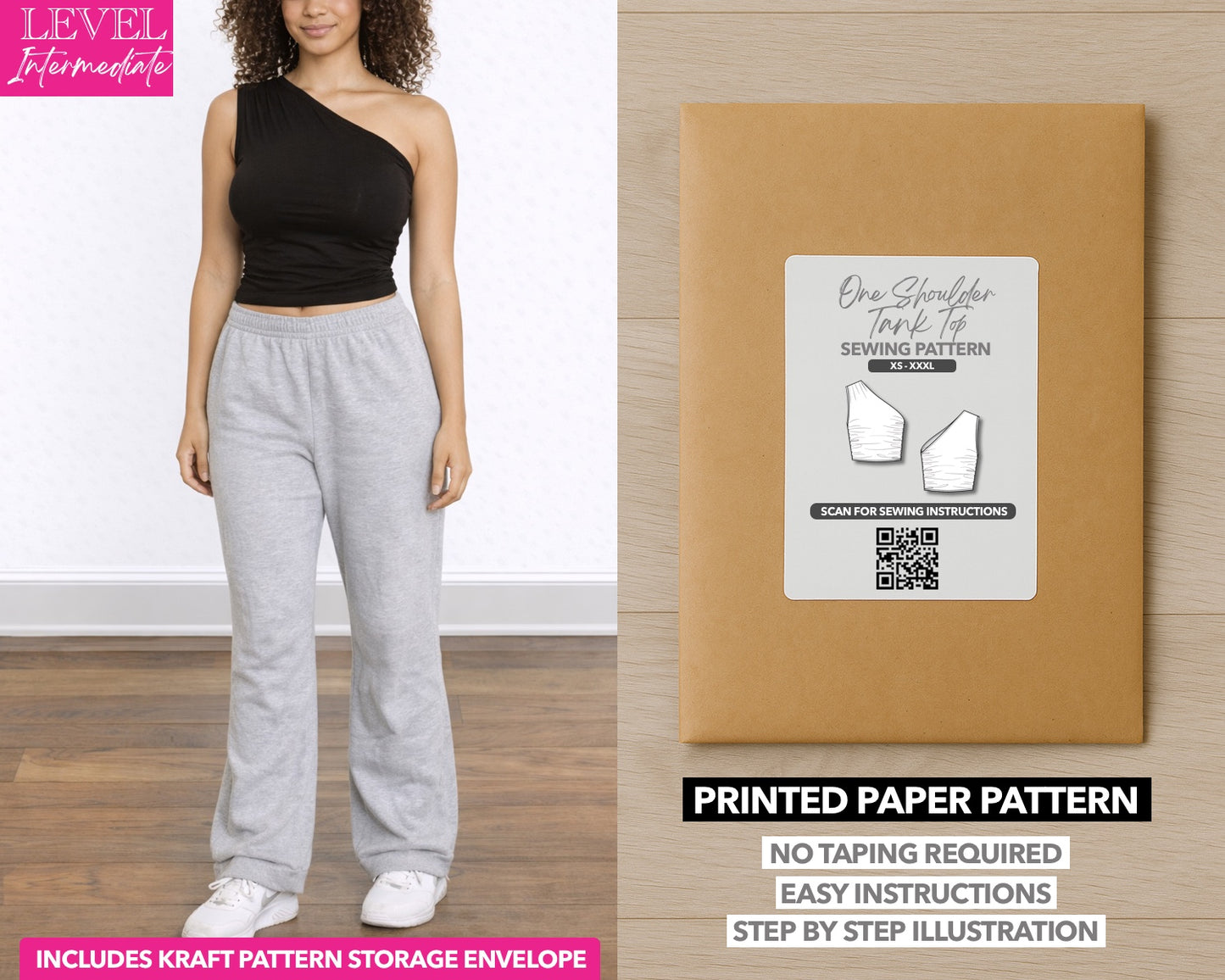 One Shoulder Ruched Crop Tank Top printed sewing pattern with easy instructions and step by step illustrations.
