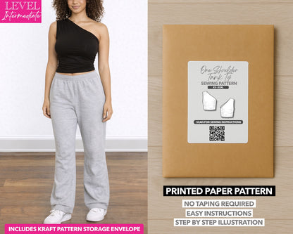 One Shoulder Ruched Crop Tank Top printed sewing pattern with easy instructions and step by step illustrations.