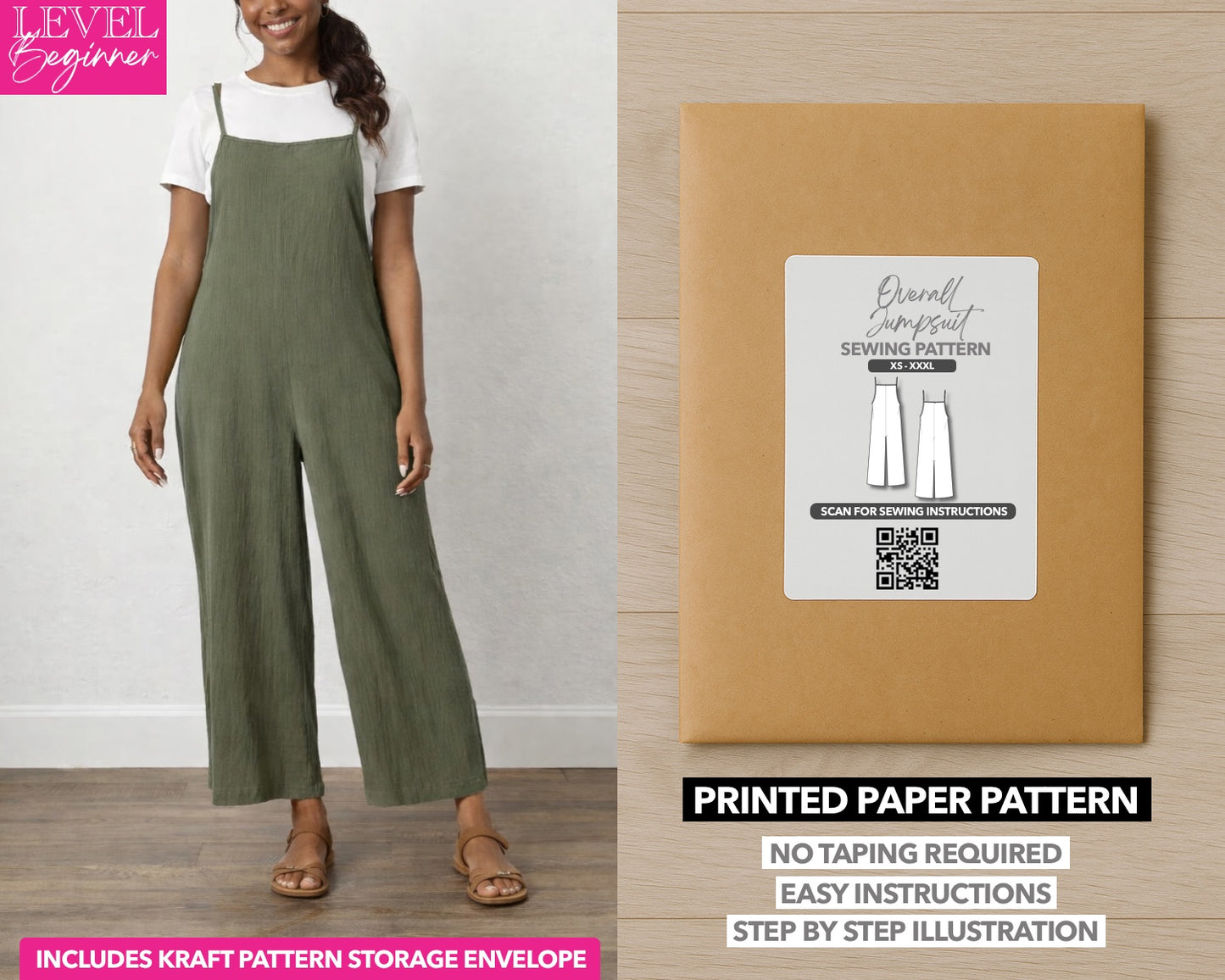 Overall Jumpsuit printed sewing pattern with easy instructions and step by step illustrations.