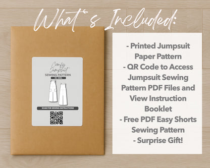 What is included with the printed Overall Shoulder Tie Jumpsuit paper sewing pattern