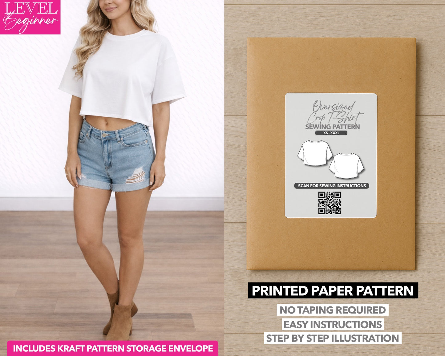Oversized Crop T-Shirt printed sewing pattern with easy instructions and step by step illustrations.