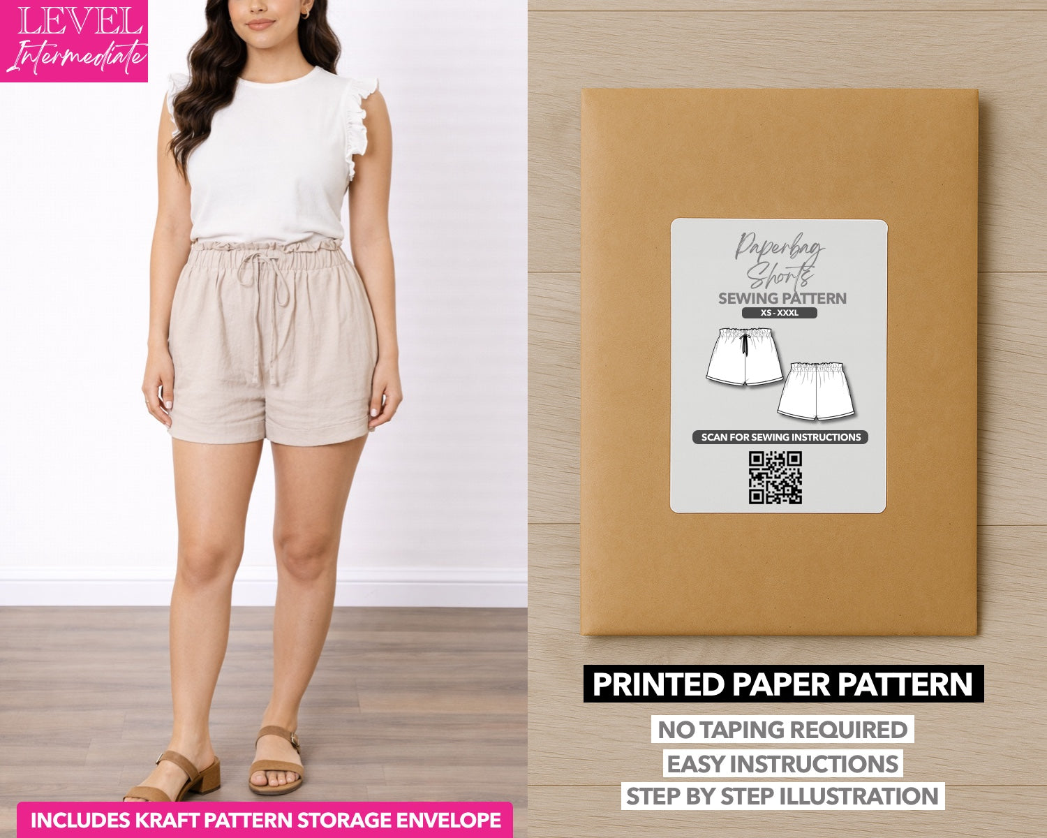 Paperbag Shorts printed sewing pattern with easy instructions and step by step illustrations.