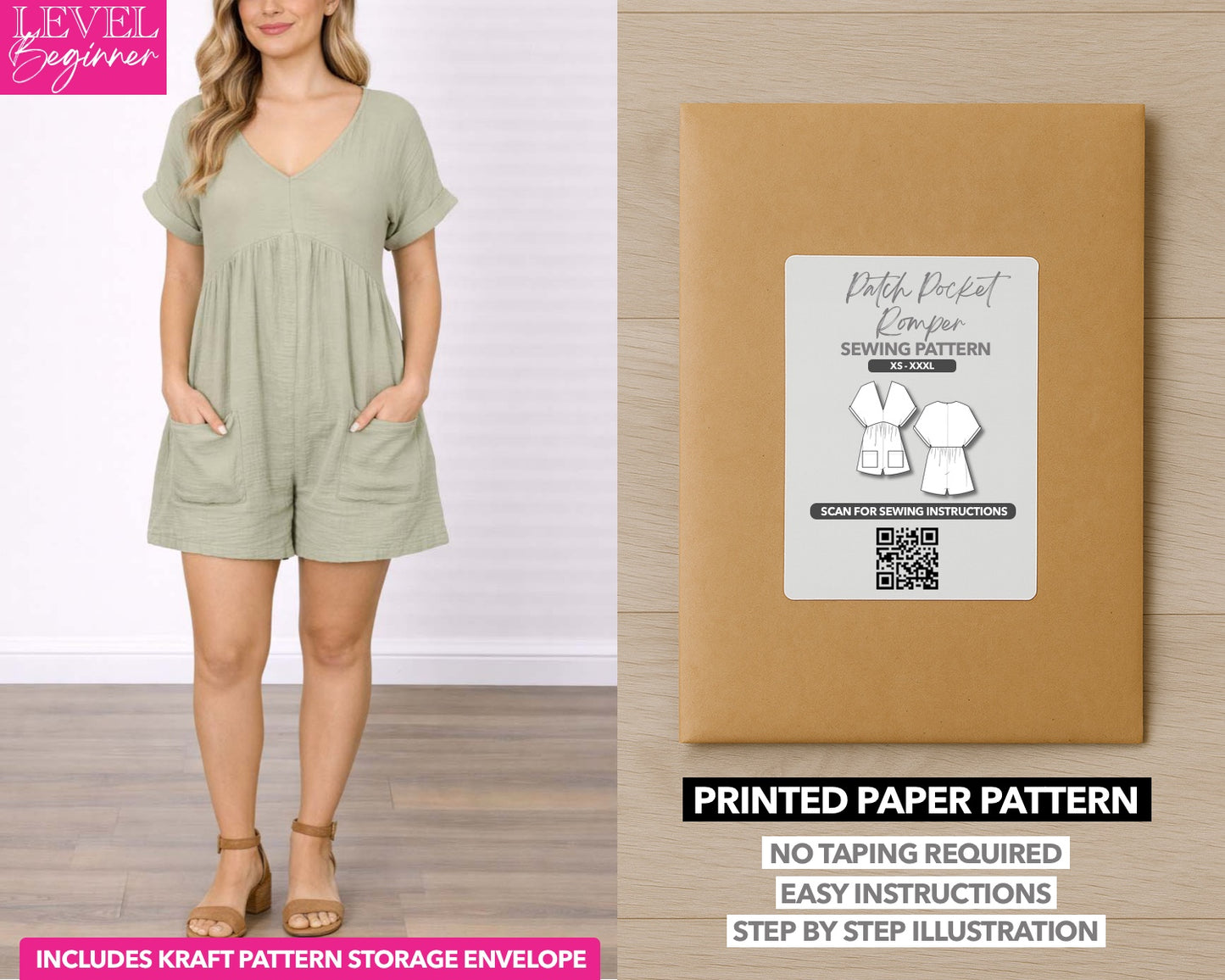 Patch Pocket Batwing Sleeve Romper printed sewing pattern with easy instructions and step by step illustrations.