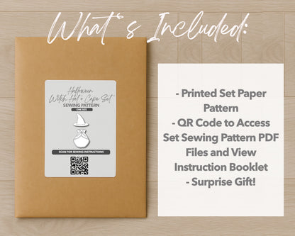 What is included with the printed Pet Witch Hat and Cape paper sewing pattern set