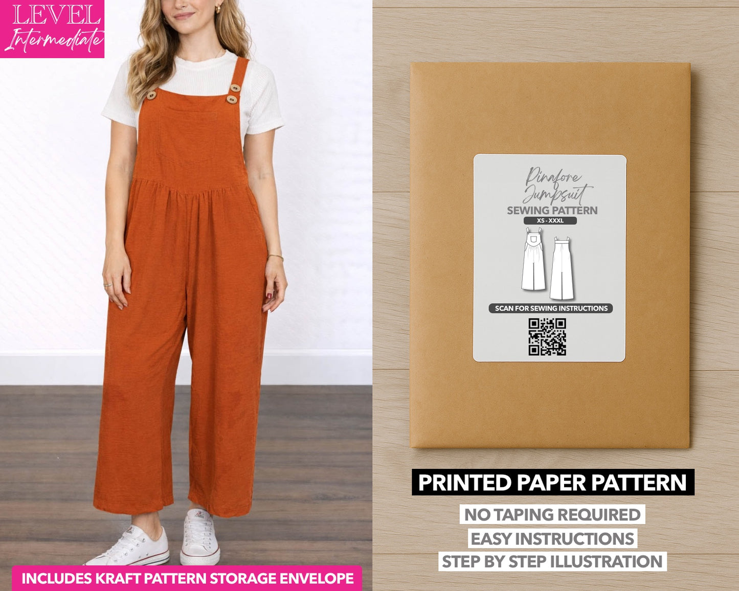 Pinafore Jumpsuit printed sewing pattern with easy instructions and step by step illustrations.