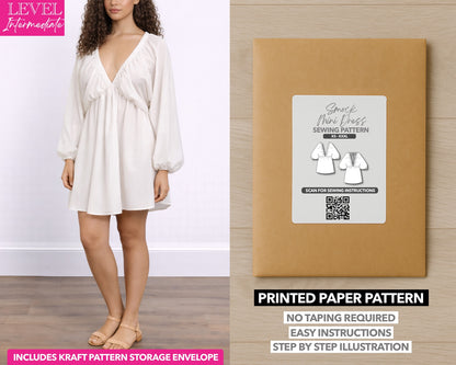 Plunging Neck Lantern Sleeve Smock Dress printed sewing pattern with easy instructions and step by step illustrations.
