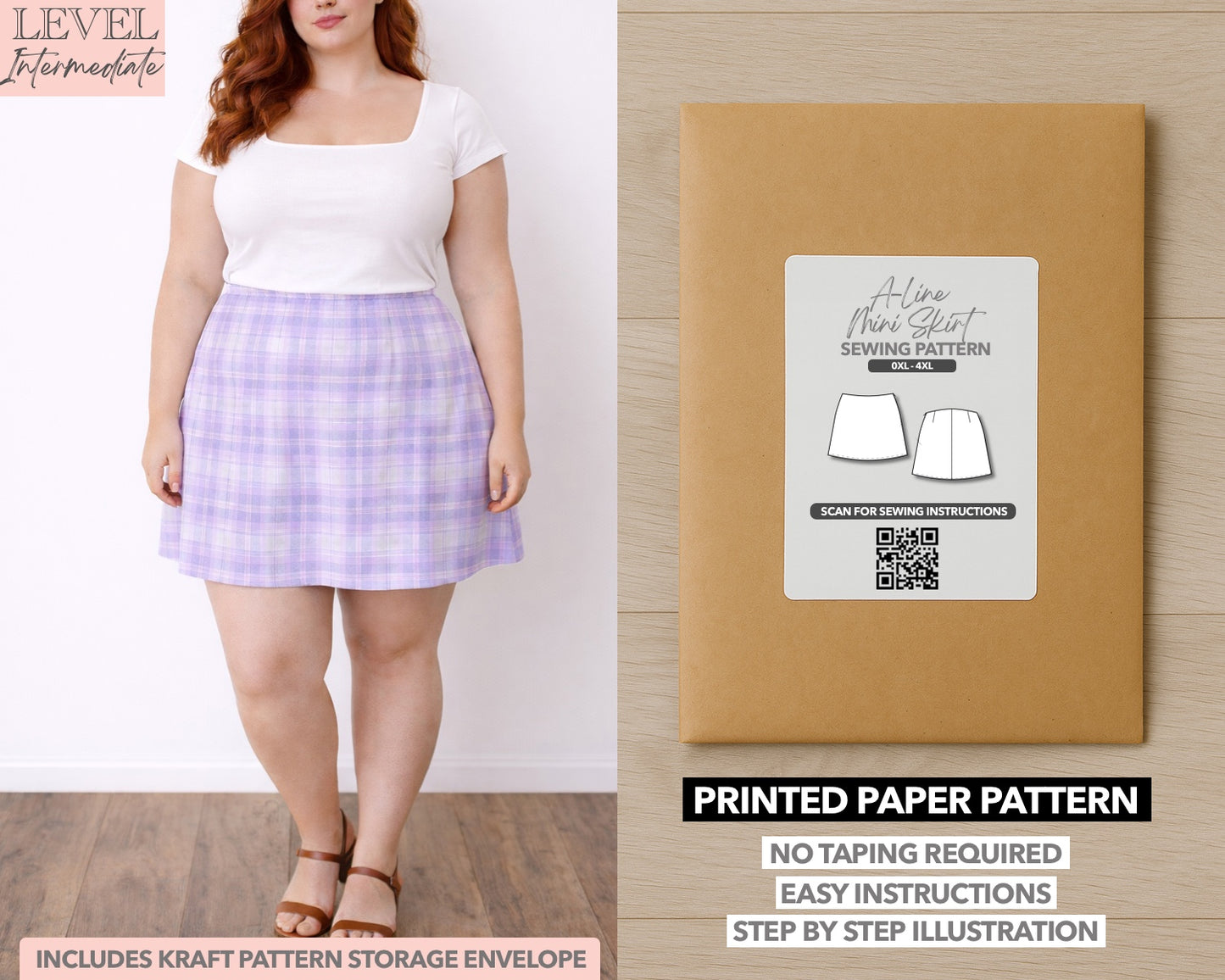 Plus Size A-Line Mini Skirt printed sewing pattern with easy instructions and step by step illustrations.