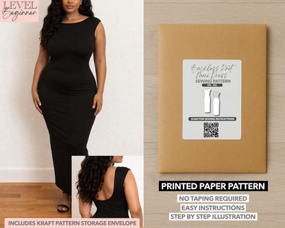Plus Size Backless Knit Maxi Dress printed sewing pattern with easy instructions and step by step illustrations.