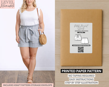 Plus Size Belted Patch Pocket Shorts printed sewing pattern with easy instructions and step by step illustrations.