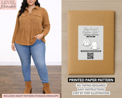 Plus Size Flap Pocket Drop Shoulder Peplum Shirt printed sewing pattern with easy instructions and step by step illustrations.