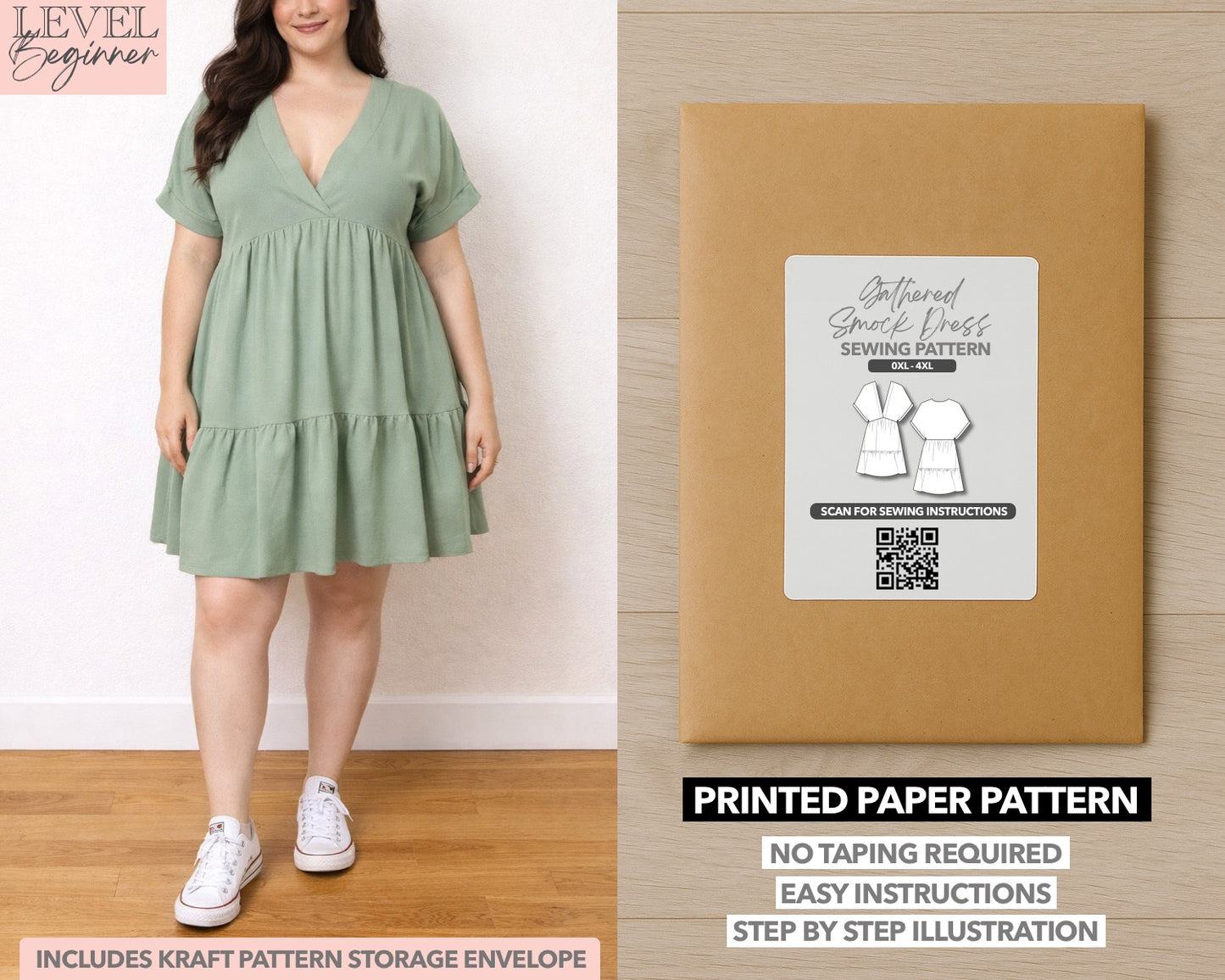 Plus Size Gathered Smock Dress printed sewing pattern with easy instructions and step by step illustrations.
