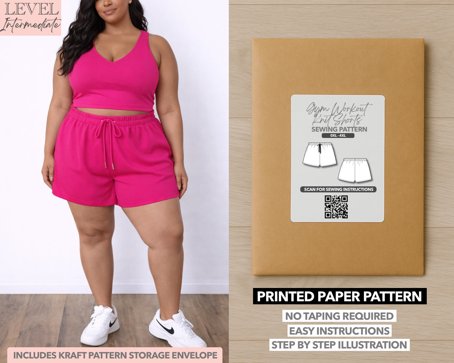 Plus Size Gym Shorts printed sewing pattern with easy instructions and step by step illustrations.