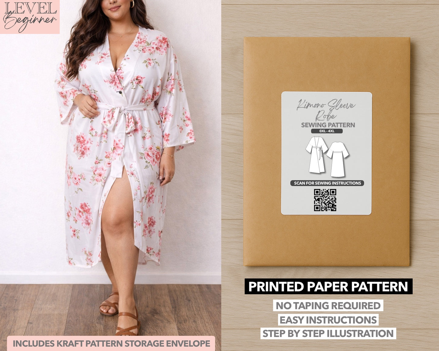 Plus Size Kimono Sleeve Robe printed sewing pattern with easy instructions and step by step illustrations.
