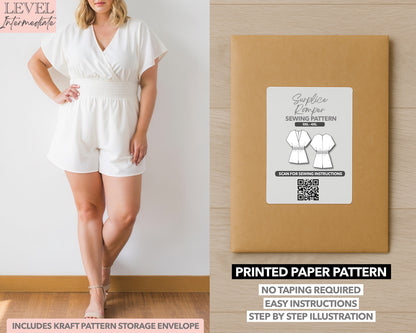 Plus Size Kimono Sleeve Surplice Romper printed sewing pattern with easy instructions and step by step illustrations.