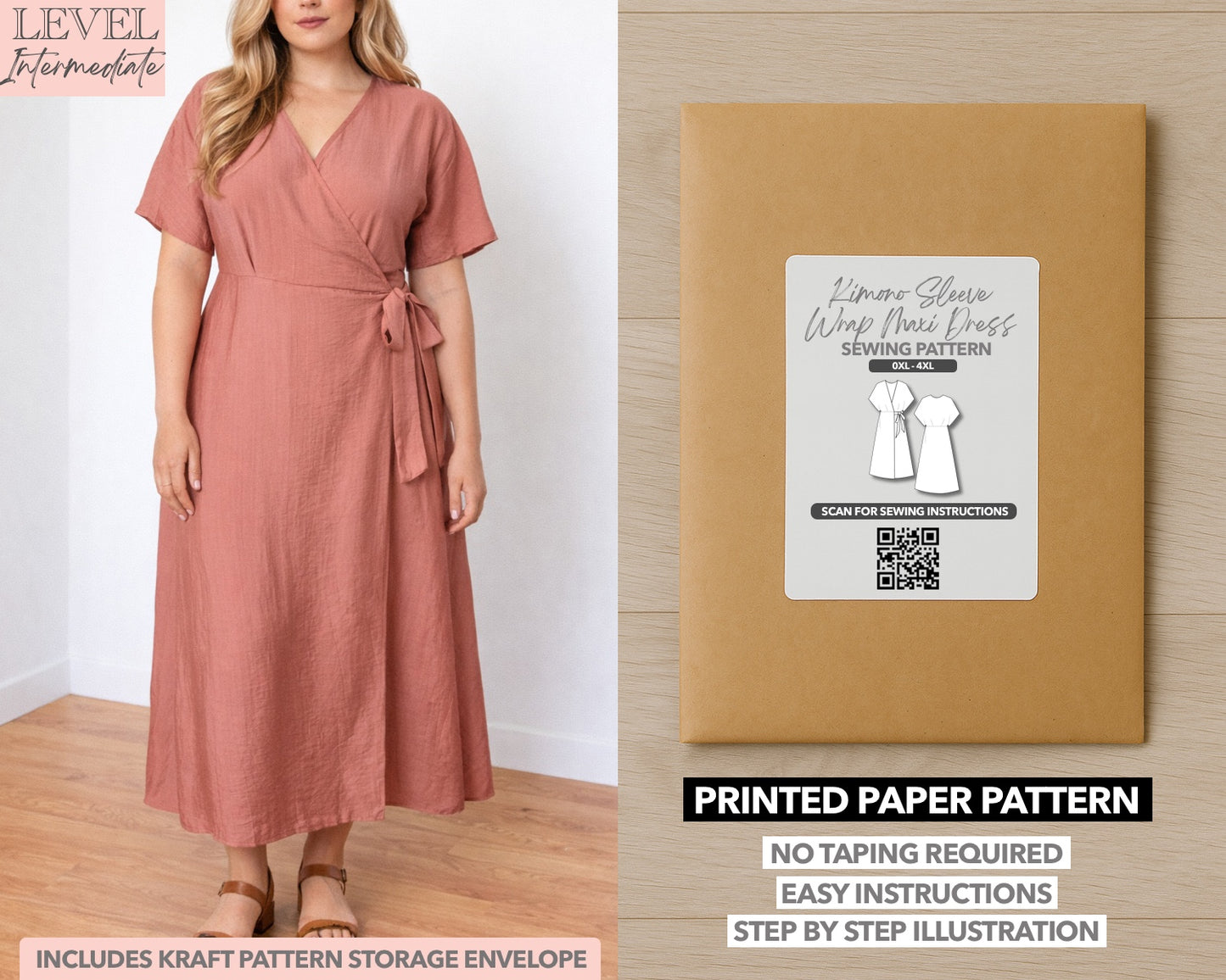 Plus Size Kimono Sleeve Wrap Maxi Dress printed sewing pattern with easy instructions and step by step illustrations.