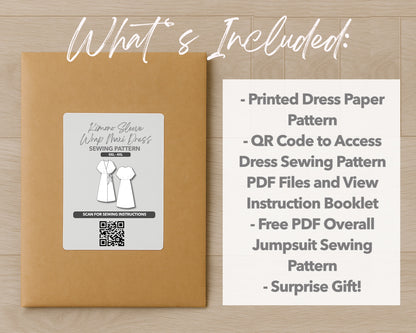 What is included with the printed Plus Size Kimono Sleeve Wrap Maxi Dress paper sewing pattern