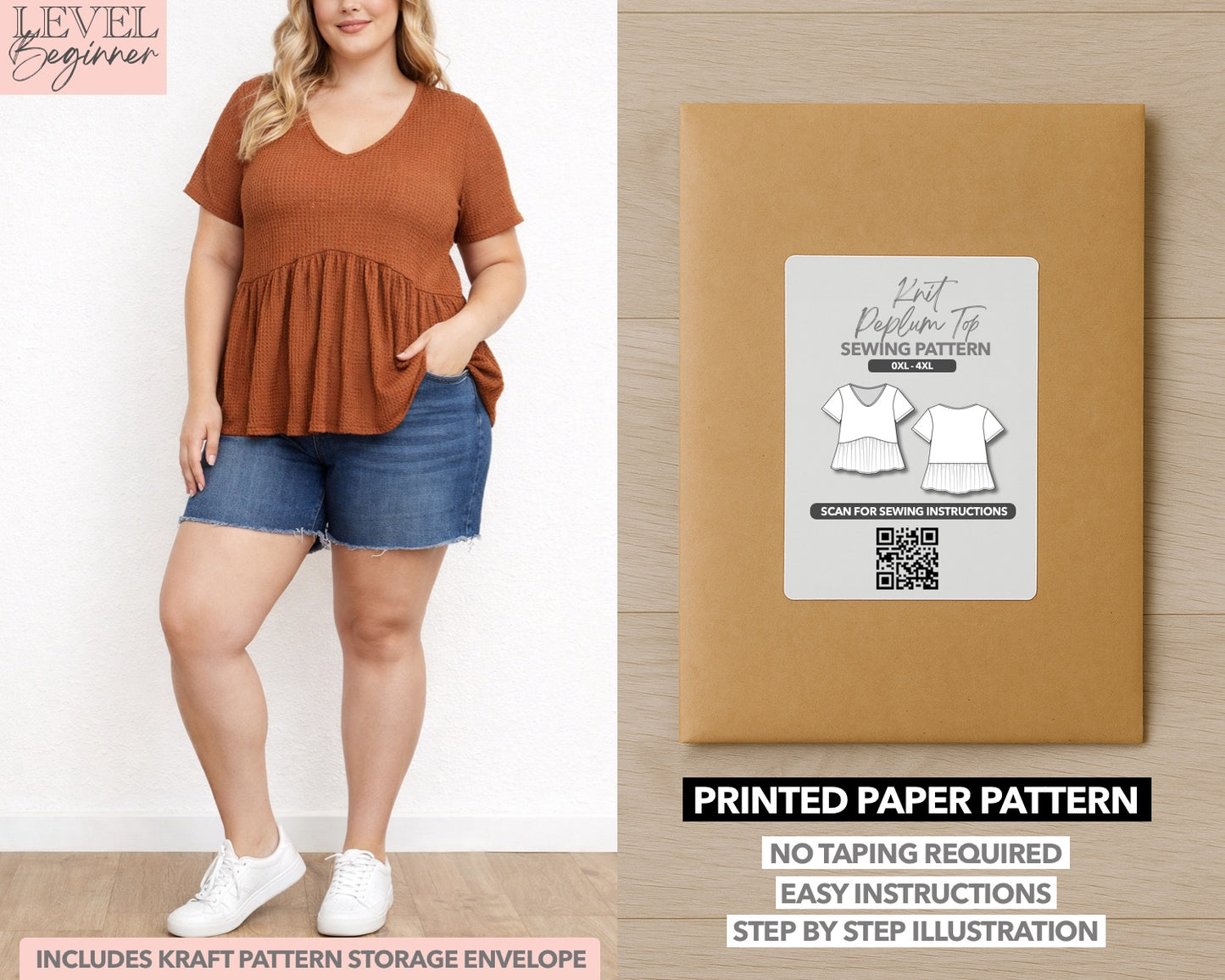 Plus Size Knit Peplum Top printed sewing pattern with easy instructions and step by step illustrations.