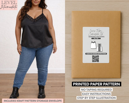 Plus Size Lace Trim Camisole Top printed sewing pattern with easy instructions and step by step illustrations.