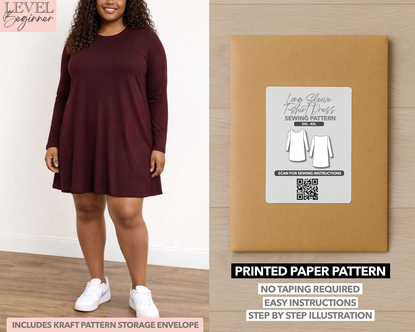 Plus Size Long Sleeve T-Shirt Dress printed sewing pattern with easy instructions and step by step illustrations.