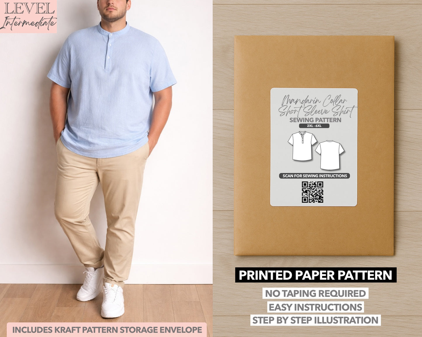Plus Size Mandarin Collar Short Sleeve Shirt printed sewing pattern with easy instructions and step by step illustrations.