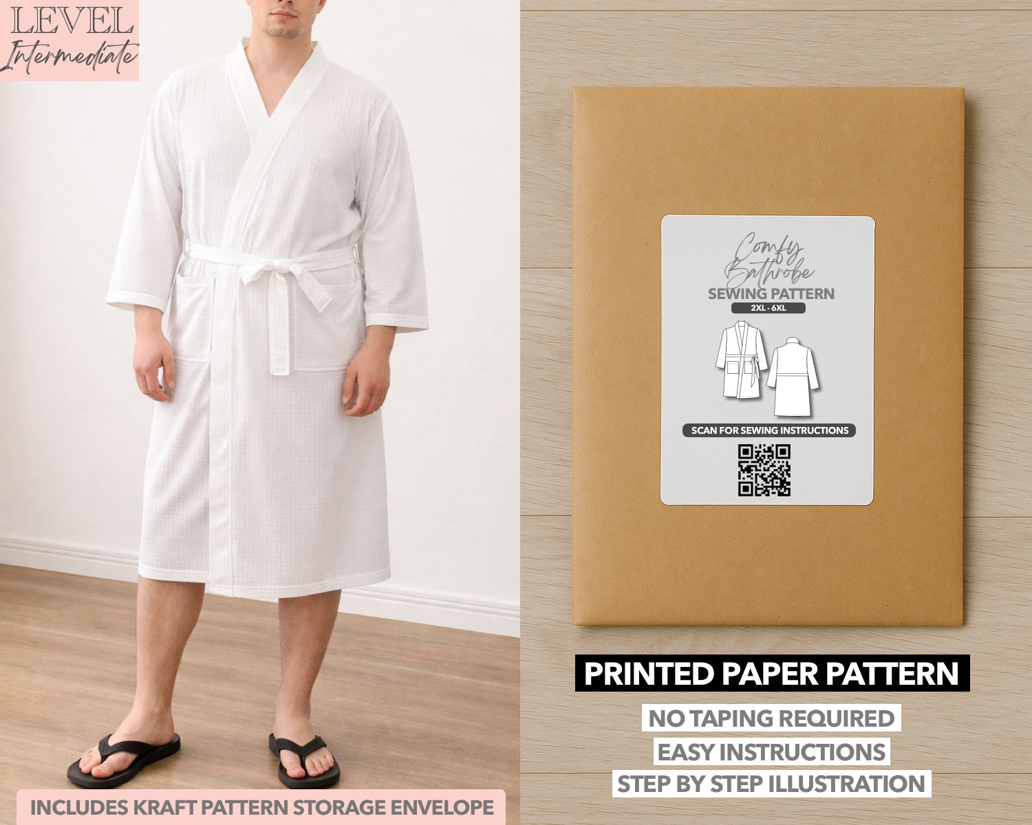 Plus Size Mens Bathrobe printed sewing pattern with easy instructions and step by step illustrations.
