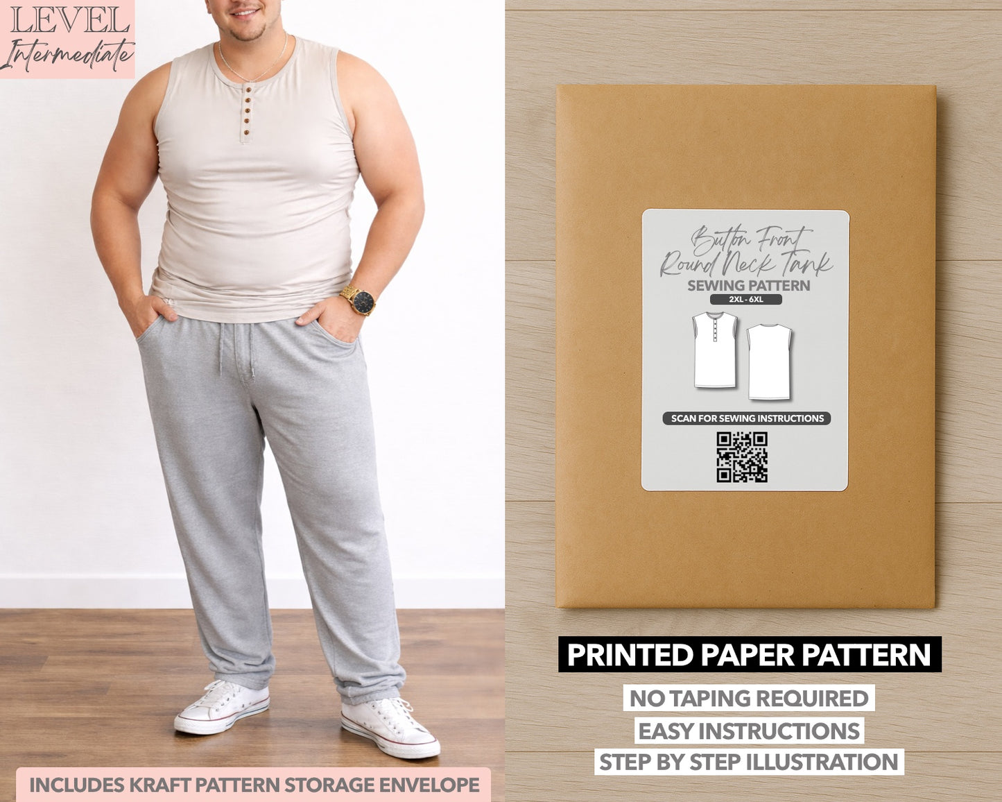 Plus Size Button Front Round Neck Tank Top printed sewing pattern with easy instructions and step by step illustrations.