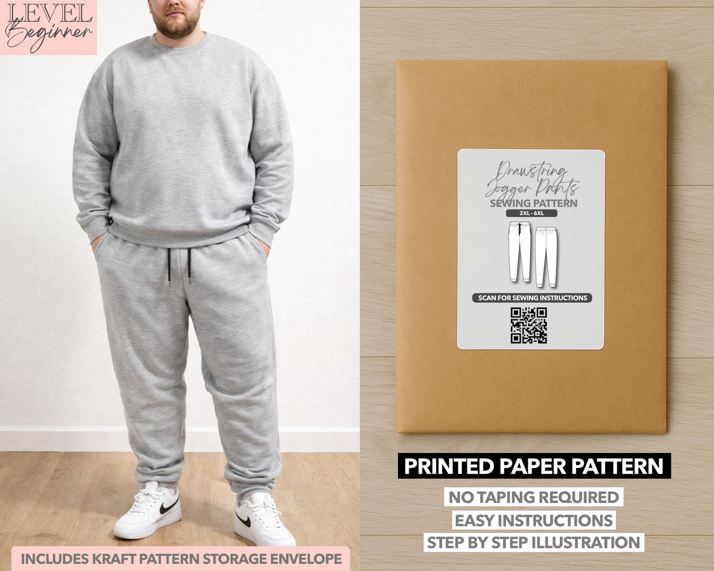 Plus Size Drawstring Jogger Pants printed sewing pattern with easy instructions and step by step illustrations.