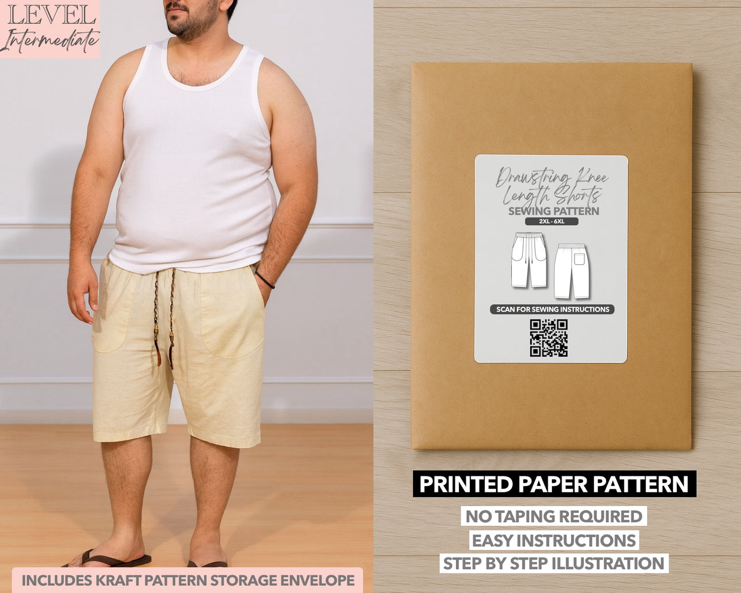 Plus Size Drawstring Knee Length Shorts printed sewing pattern with easy instructions and step by step illustrations.